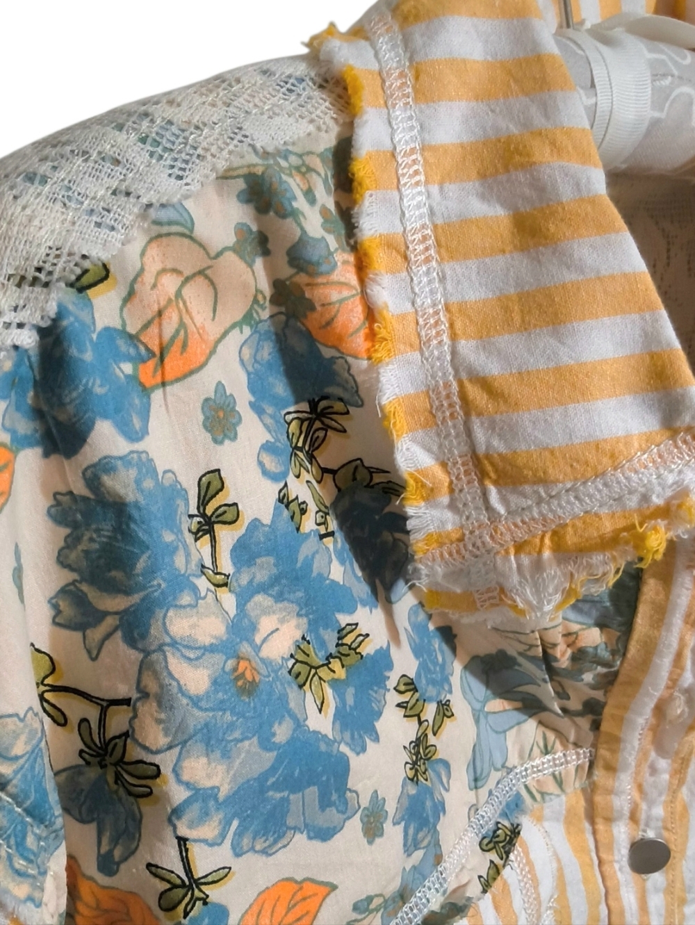 POL Yellow Stripe Blue Floral Boho Cottagecore Patchwork Shacket Top with Lace - Picture 6 of 11